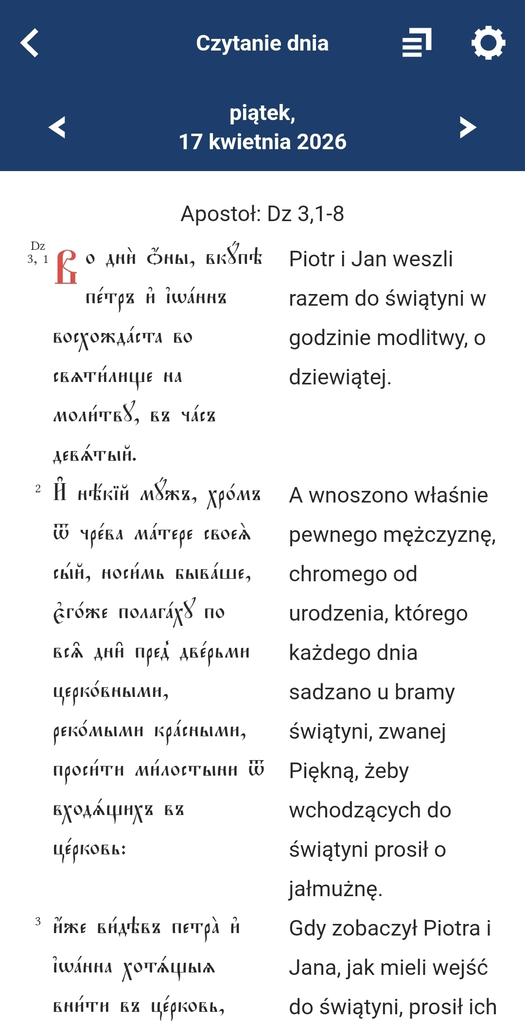 Ekran aplikacji kalendarz.cerkiew.pl — czytania