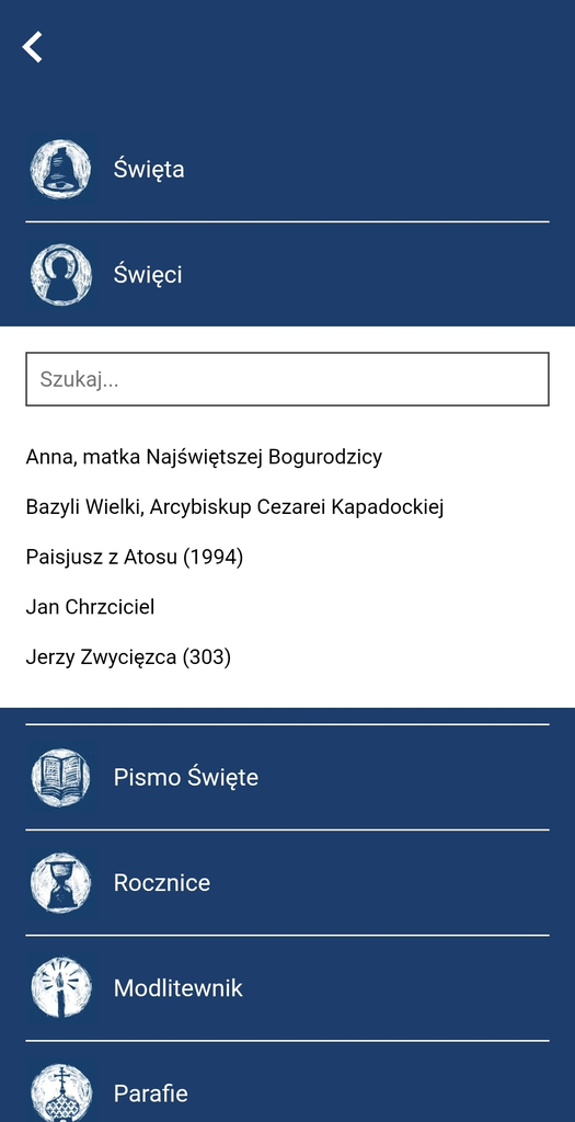 Ekran aplikacji kalendarz.cerkiew.pl — wyszukaj